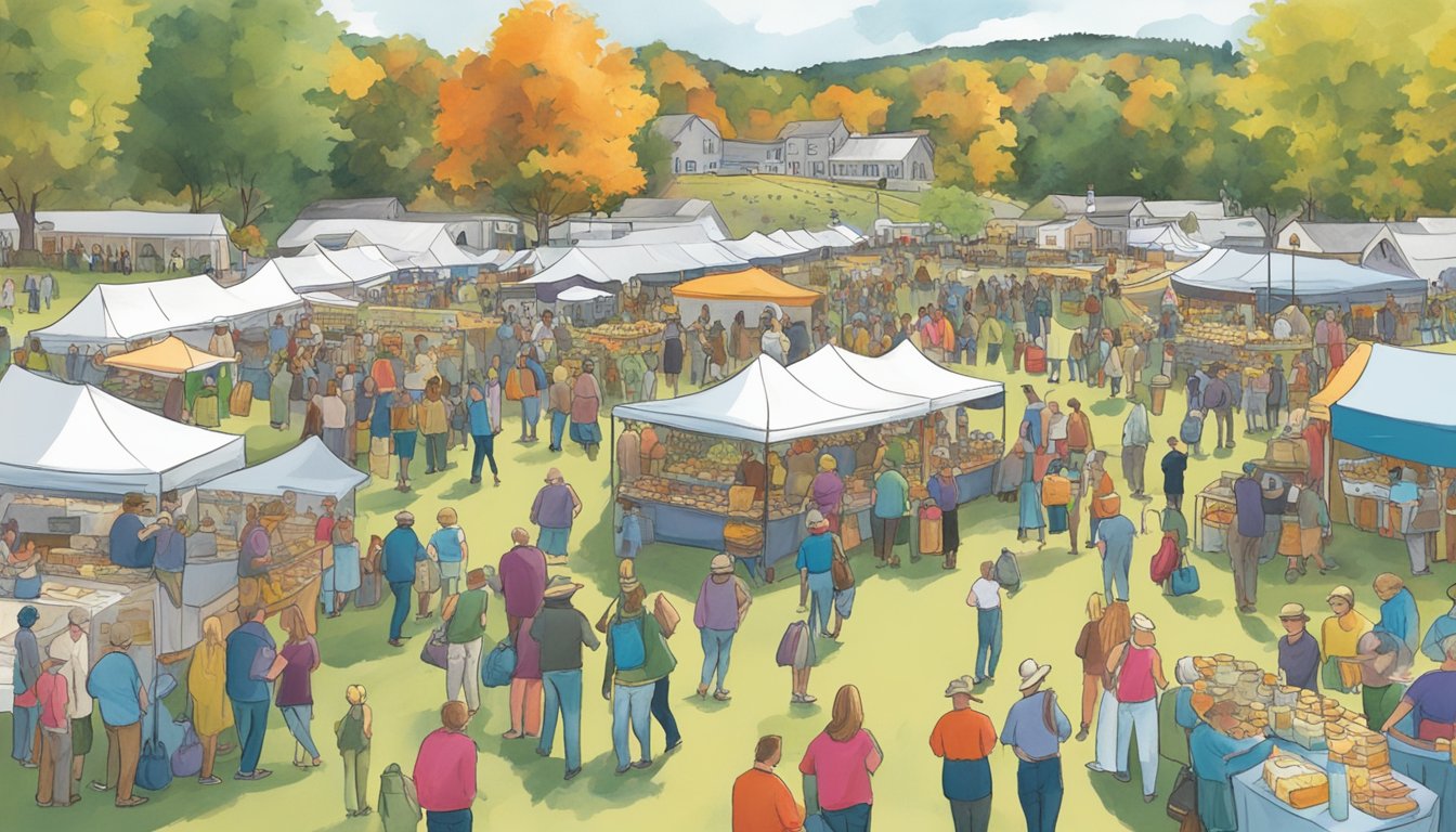 A bustling outdoor festival in Shelburne, VT, with rows of vendor booths, visitors sampling cheeses, and live music in the background