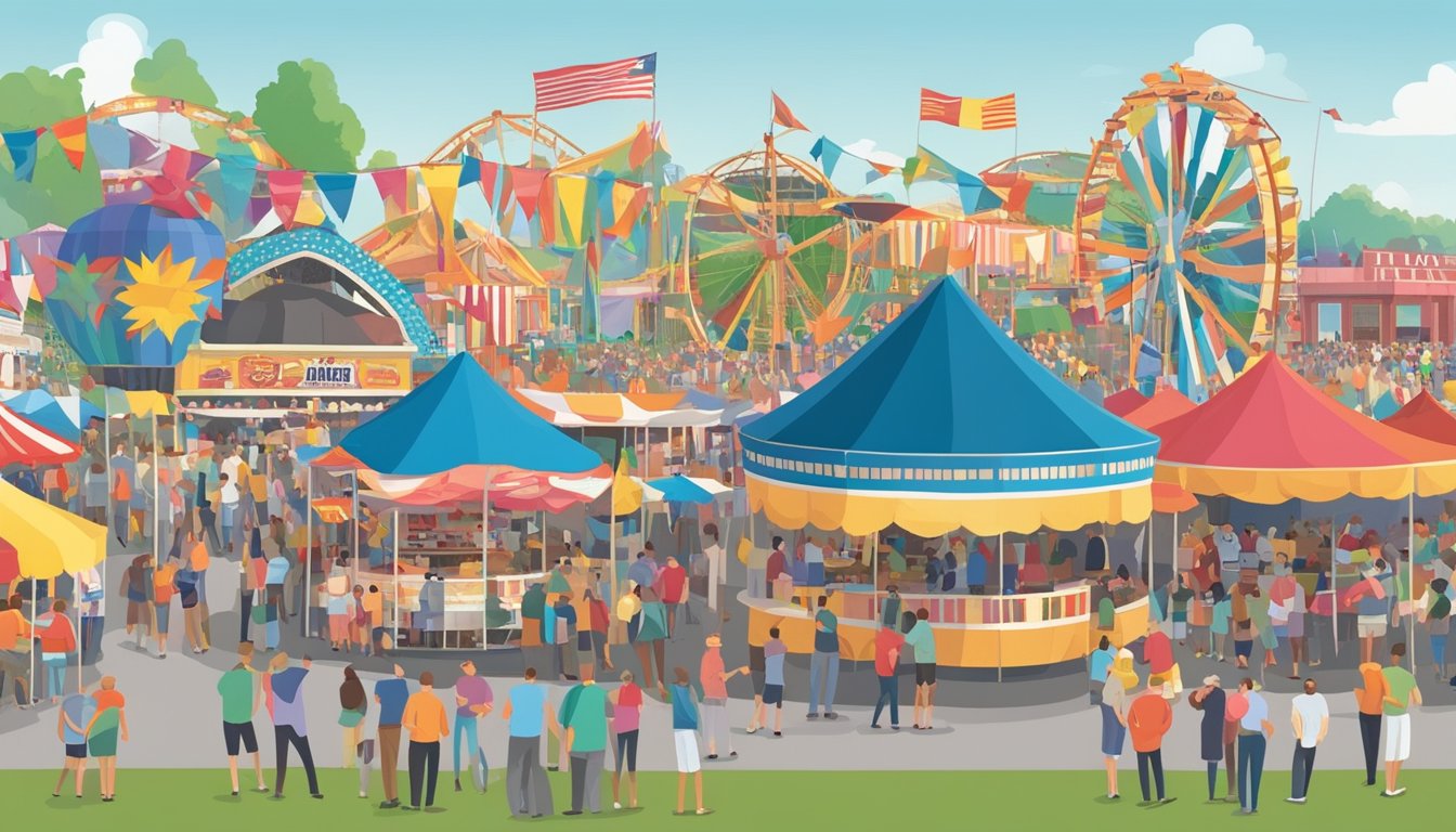 Crowds gather around colorful booths and rides at the Tulsa State Fair, with flags fluttering in the breeze and a bustling atmosphere