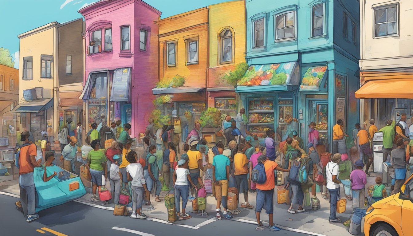 A bustling street corner with a colorful, graffiti-covered community fridge surrounded by diverse individuals donating and taking food