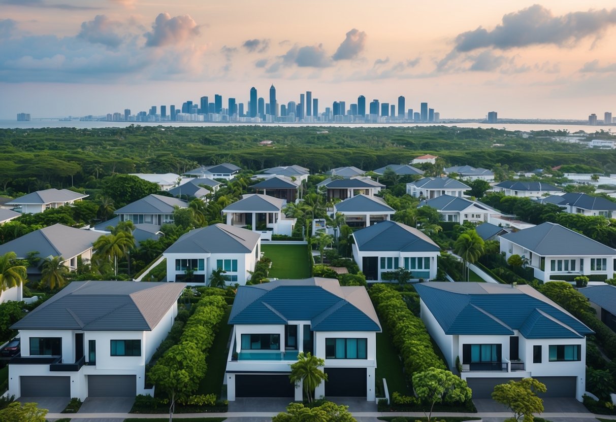 A panoramic view of upscale neighborhoods in Cebu, featuring modern luxury homes, lush greenery, and a backdrop of the city skyline