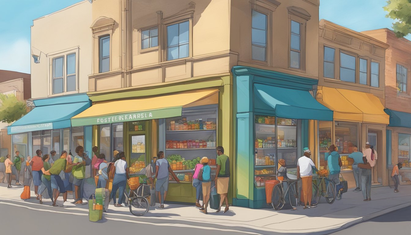 A bustling street corner in Lancaster, CA, with a colorful community fridge surrounded by people accessing and restocking its resources