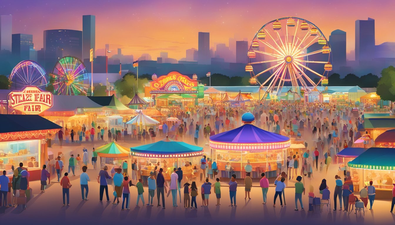 Crowds of people enjoying rides and food at the Tulsa State Fair in Oklahoma. Bright lights and colorful attractions create a lively atmosphere