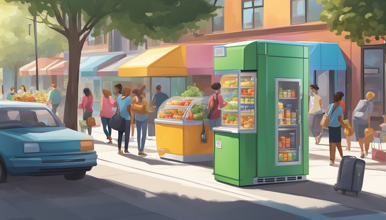 A brightly colored community fridge stands on a sunny sidewalk, surrounded by a diverse array of people dropping off and picking up food items