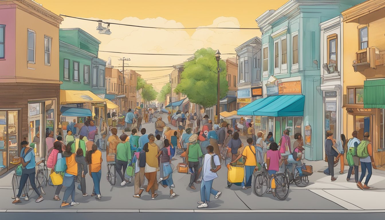 A bustling street in Lancaster, CA, with a colorful community fridge at the forefront, surrounded by locals coming and going