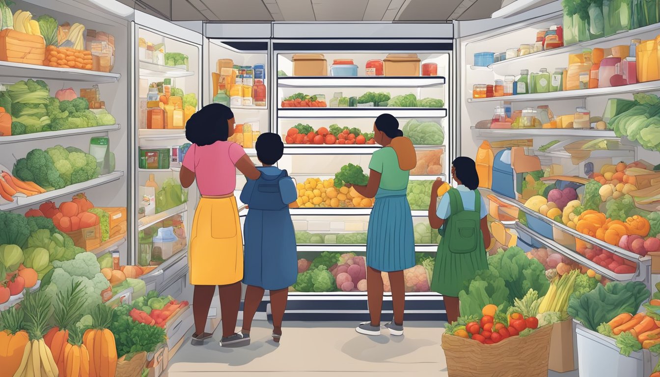 A colorful community fridge filled with fresh produce and packaged goods, surrounded by a diverse group of people contributing and taking items