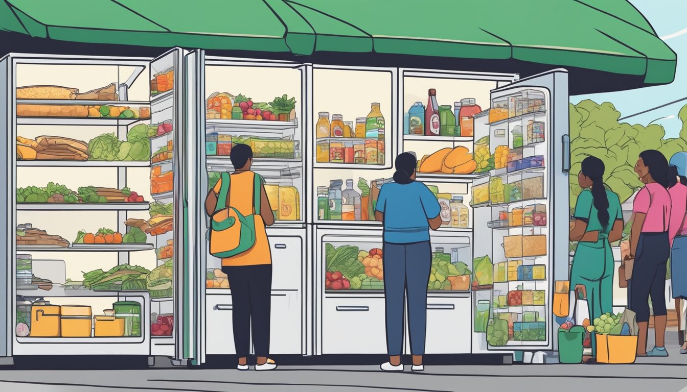 A colorful local community fridge surrounded by diverse food items and people accessing it in Huntington Beach, CA