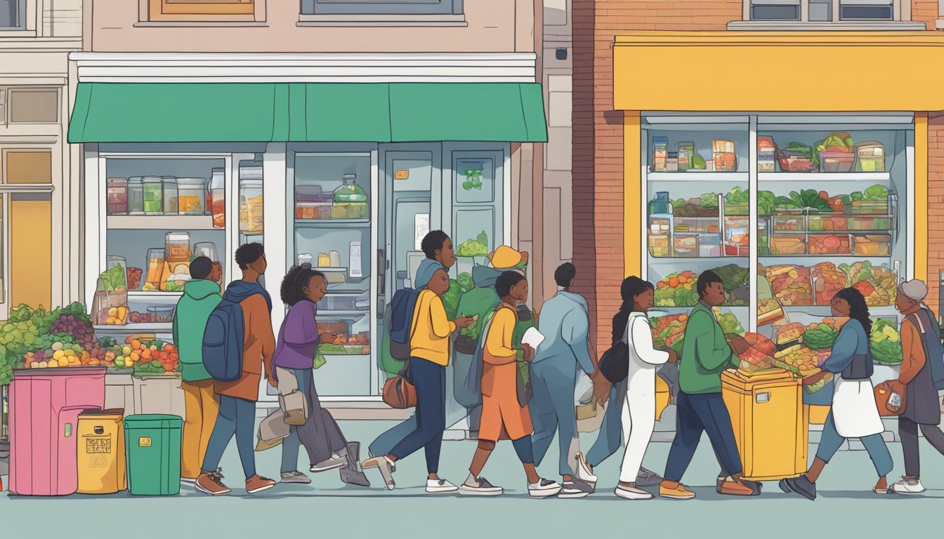 A bustling city street with a brightly colored community fridge surrounded by people dropping off and picking up food items