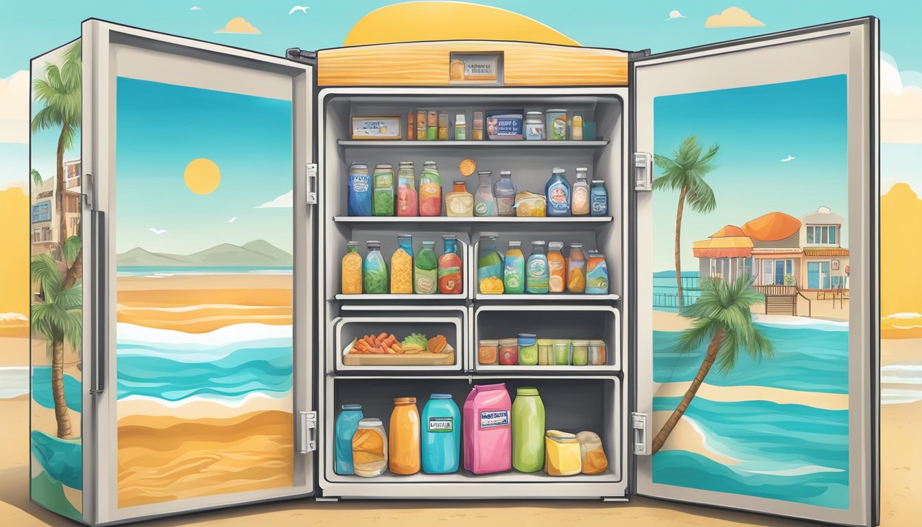 A colorful community fridge surrounded by beach and cultural symbols in Huntington Beach, CA