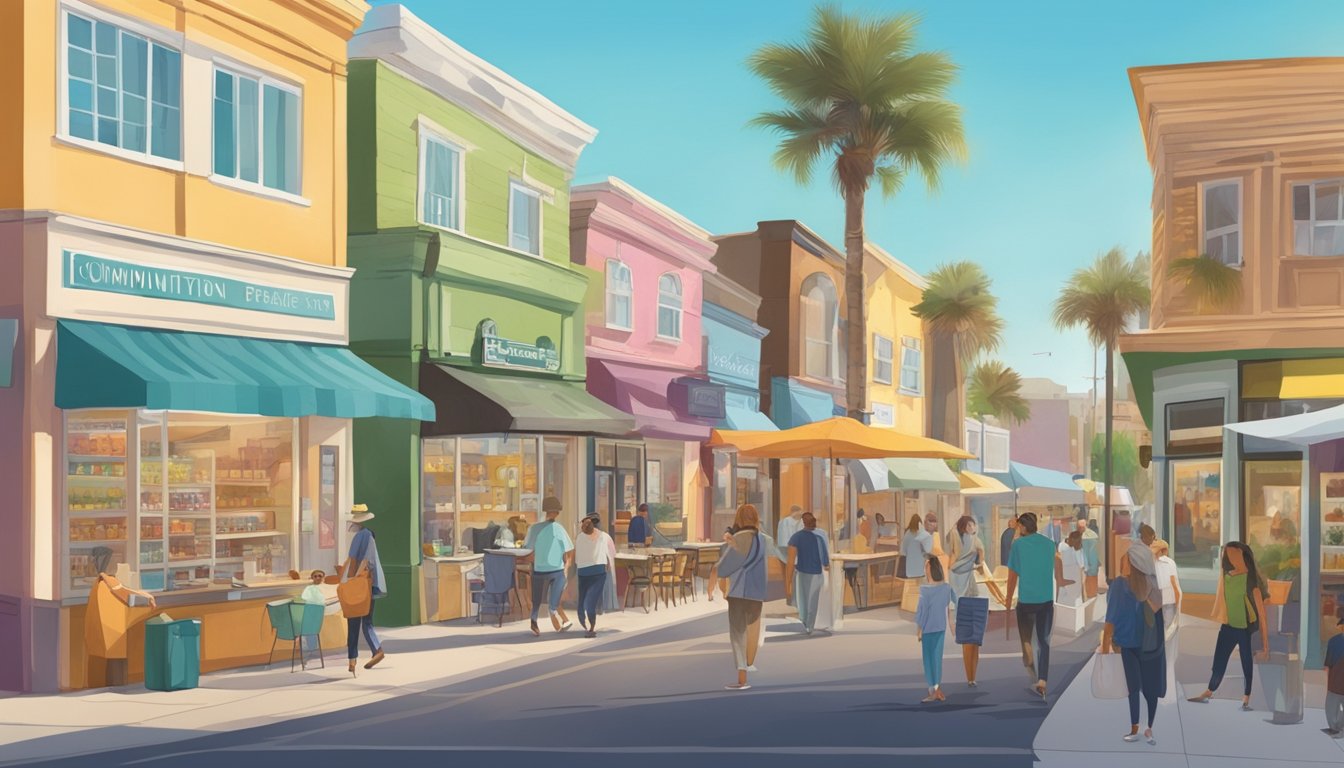 Busy street with colorful storefronts, outdoor dining, and people strolling. A community fridge stands near a local attraction in Huntington Beach, CA