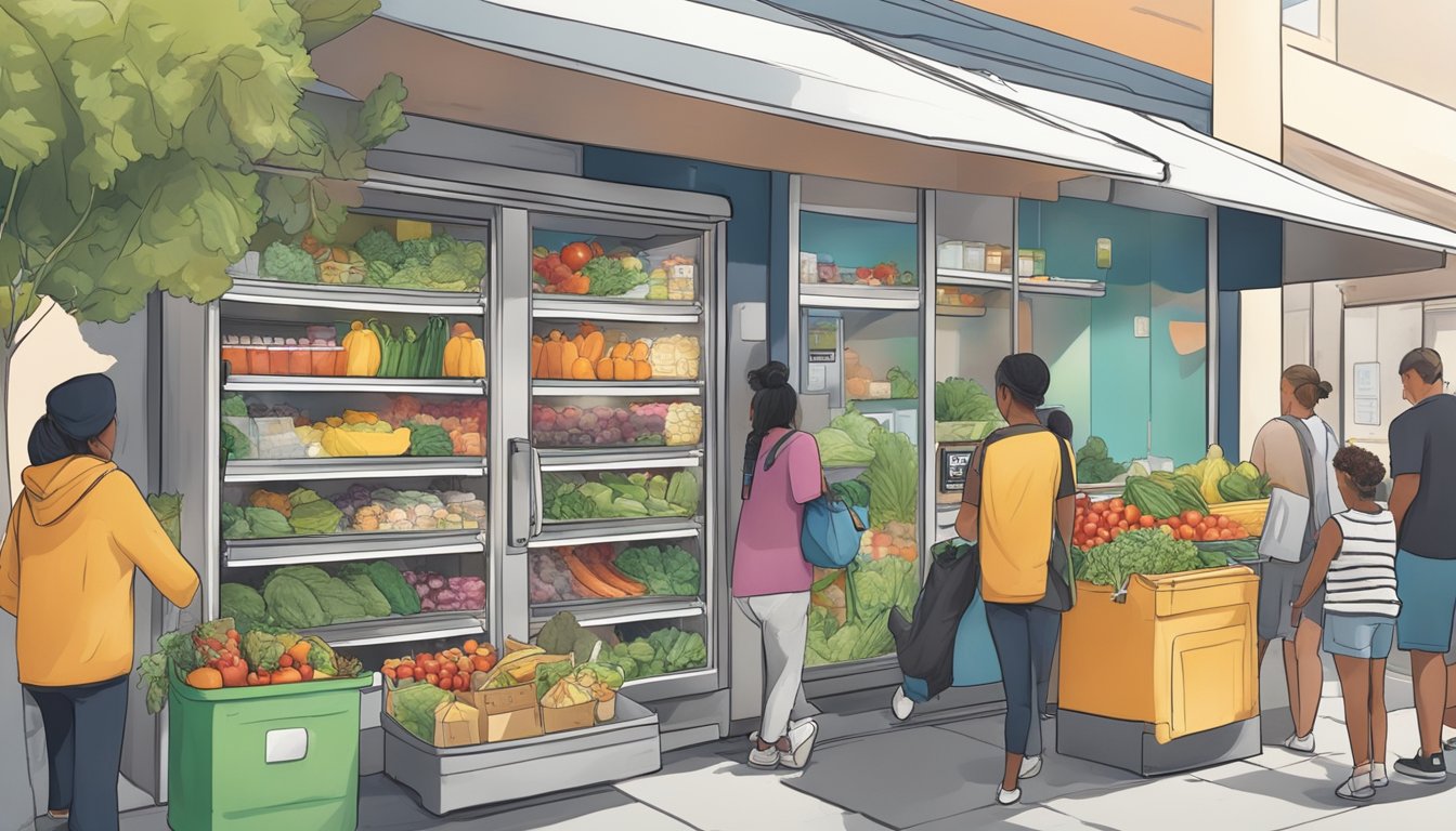 A bustling local community fridge in Costa Mesa, CA, filled with fresh produce and food donations, with people coming and going