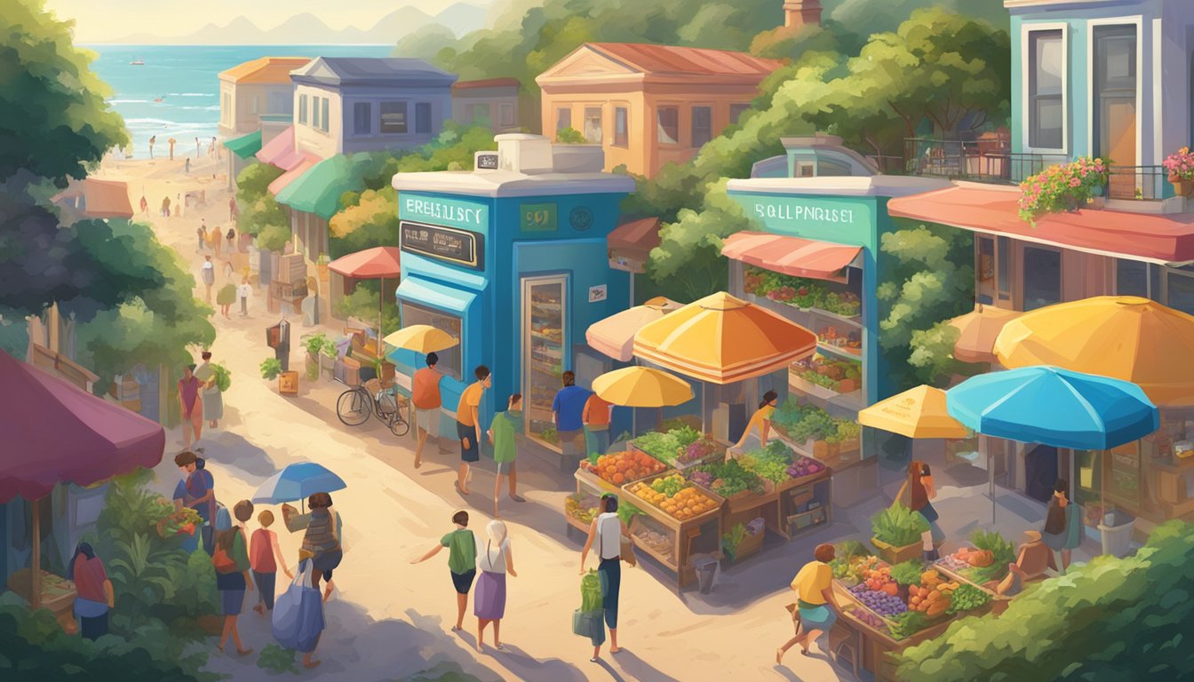 A bustling beach town with a colorful community fridge surrounded by smiling faces and lush, greenery