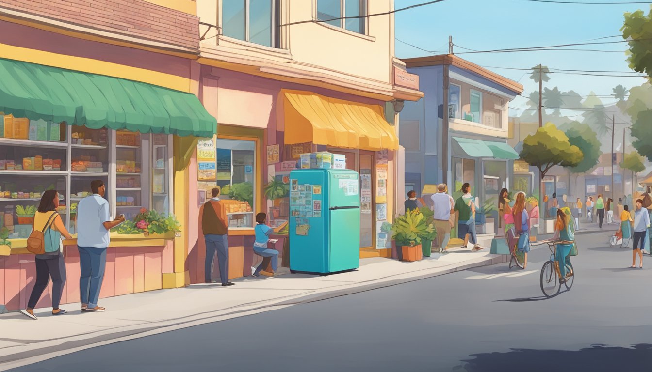 A bustling street in Costa Mesa, CA with a vibrant local community fridge adorned with colorful posters and surrounded by eager residents