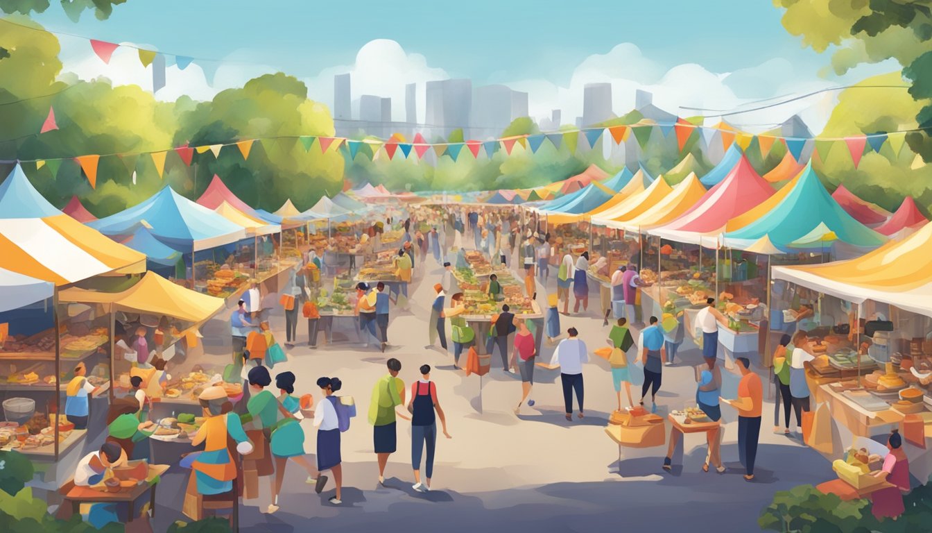 A bustling outdoor food festival with colorful tents, bustling crowds, and chefs showcasing their culinary skills