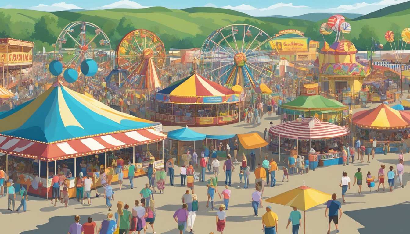 Colorful carnival rides and game booths fill the Wyoming State Fair in Douglas, with crowds enjoying the lively atmosphere of the midway attractions