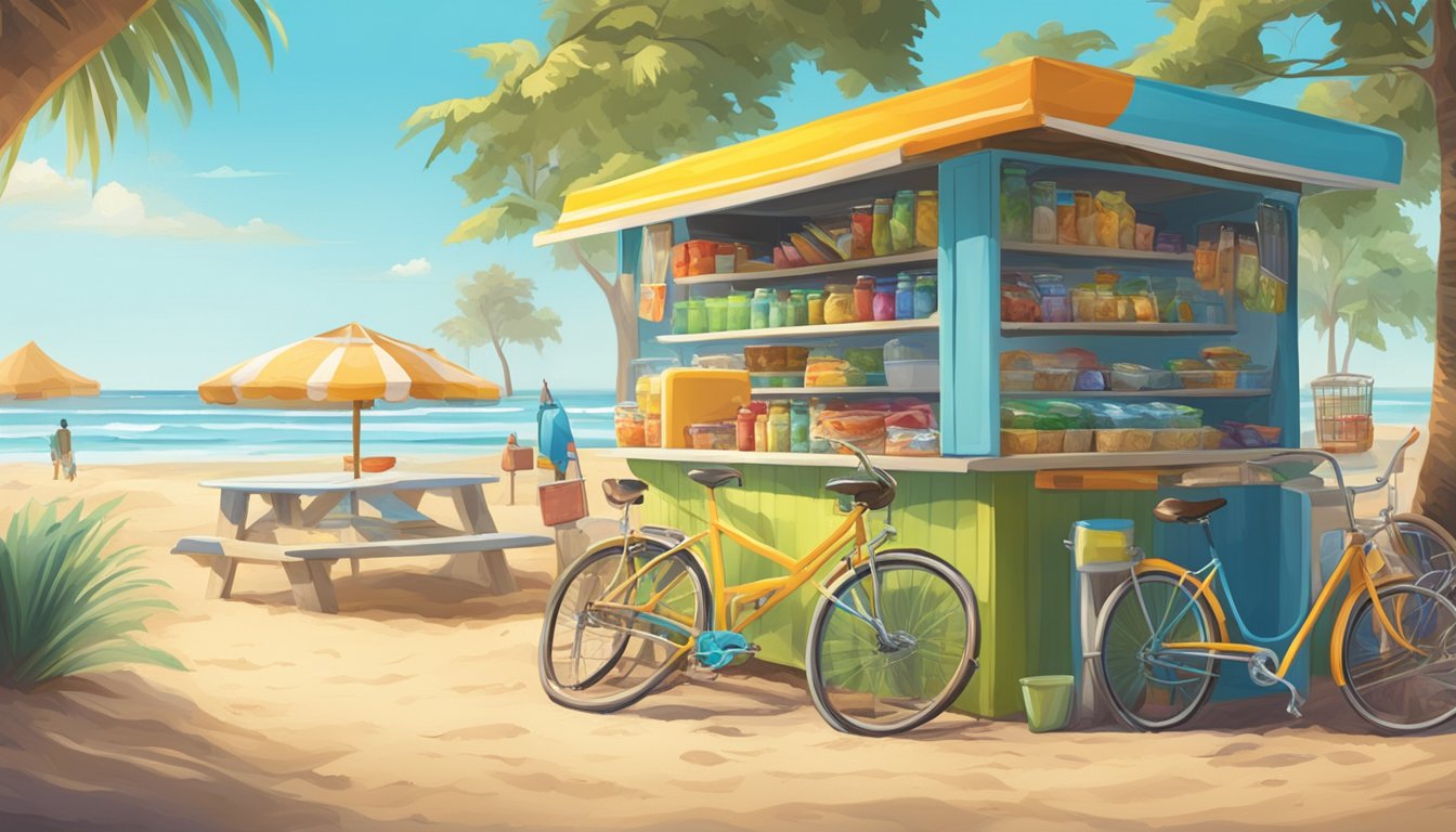 A vibrant beach scene with surfboards, bicycles, and picnic tables near a community fridge filled with snacks and drinks