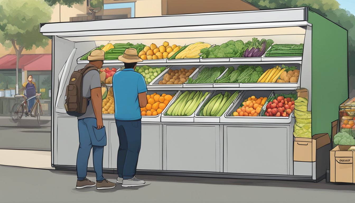 A community fridge in Costa Mesa, CA, filled with fresh produce and food items, being monitored and restocked by local volunteers