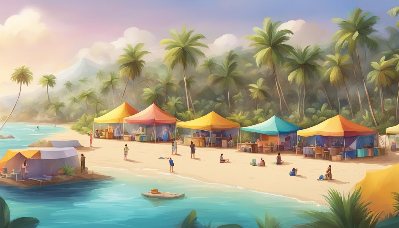 A sunny beach with colorful tents and a community fridge surrounded by palm trees and locals