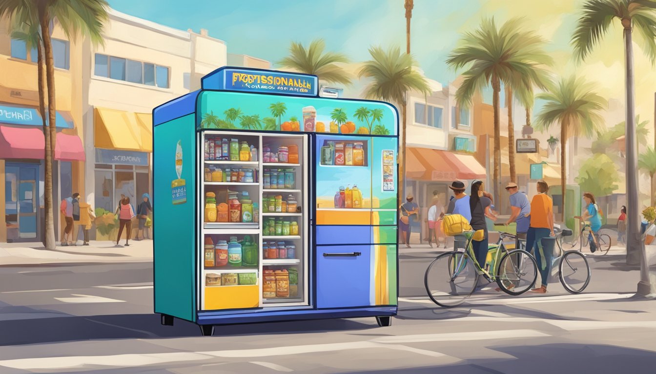 A colorful community fridge stands on a sunny street corner in Huntington Beach, CA, surrounded by palm trees and bustling with activity