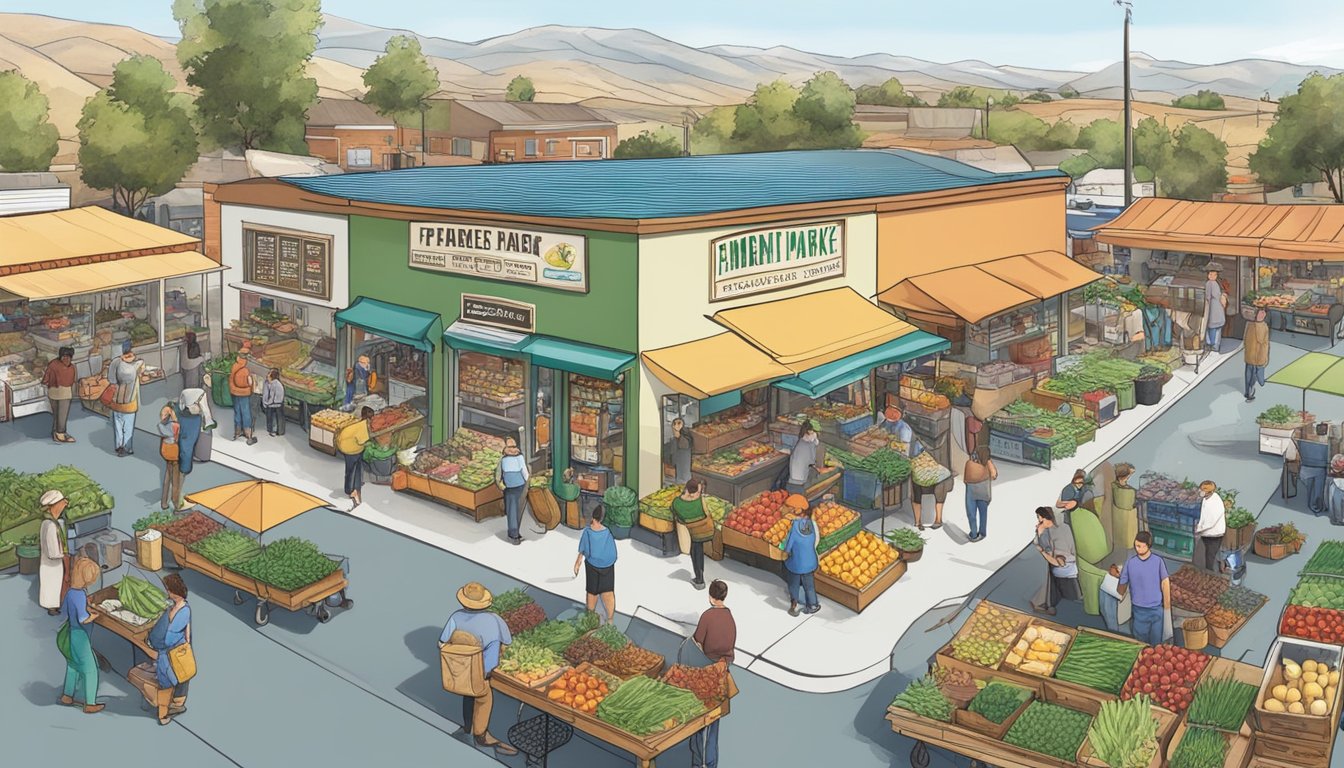 A bustling farmer's market with local businesses and farms surrounding a community fridge in Menifee, CA