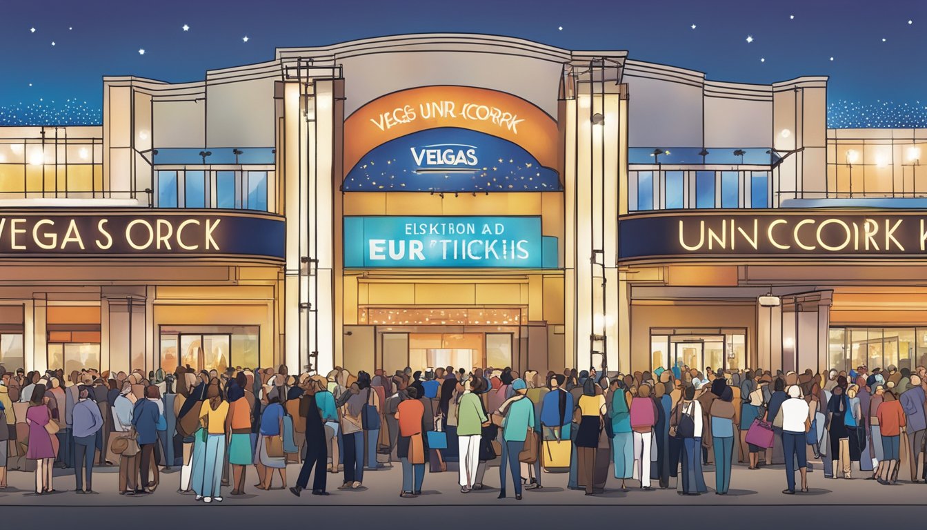 Crowds gather at the entrance of Vegas Uncork'd, with a line of people waiting to purchase tickets and gain access to the event. Bright lights and colorful banners adorn the venue