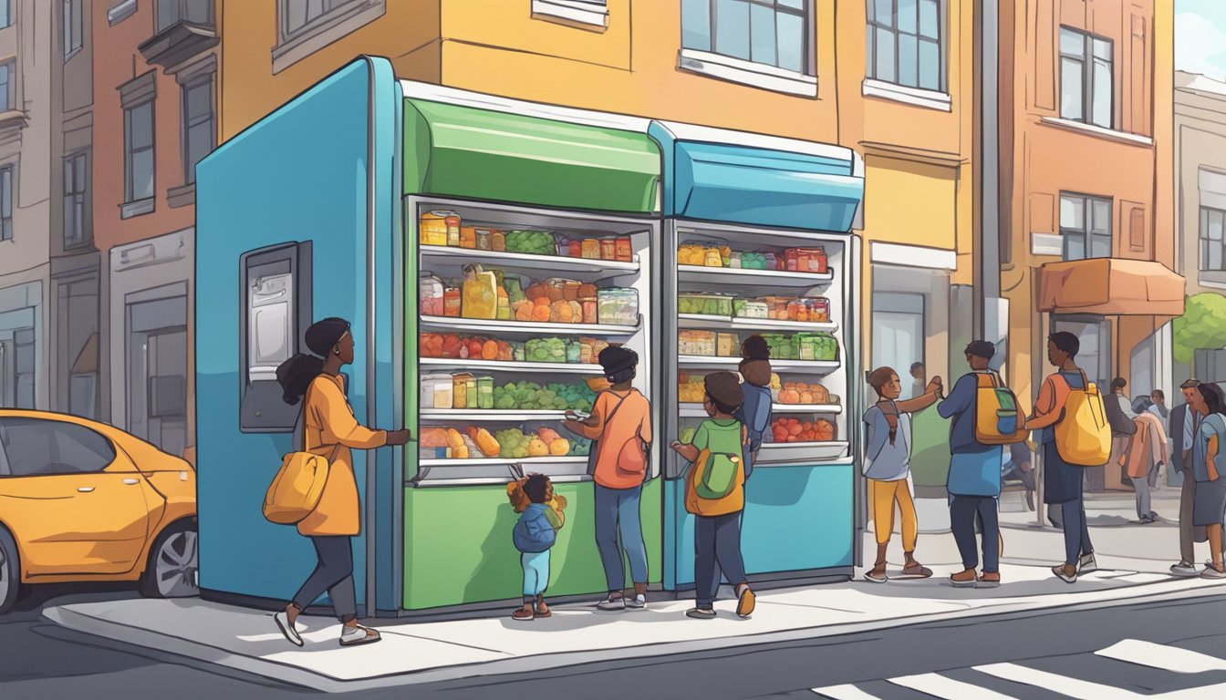 A brightly colored community fridge stands on a bustling street corner, surrounded by people dropping off and picking up food items