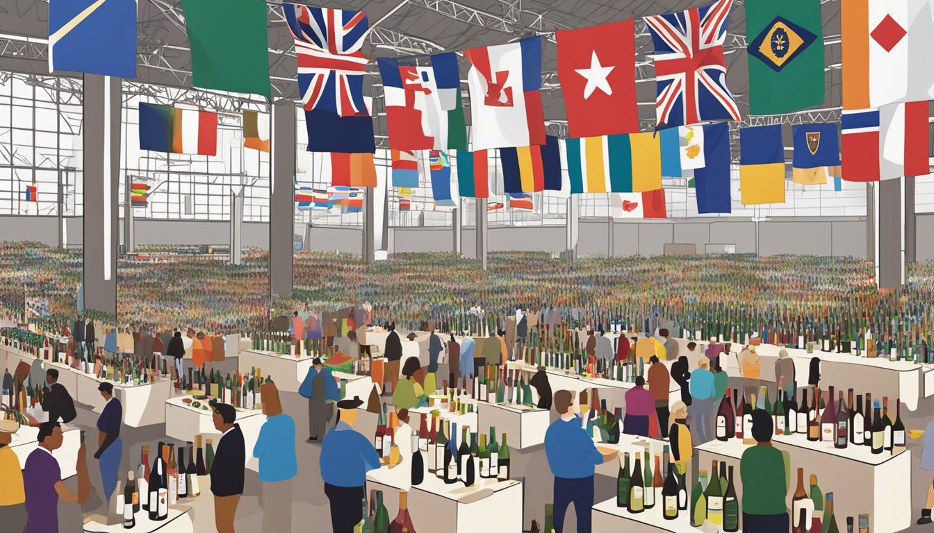 A bustling expo hall filled with rows of wine booths, eager attendees, and international flags, showcasing the global diversity of Virginia's wine industry