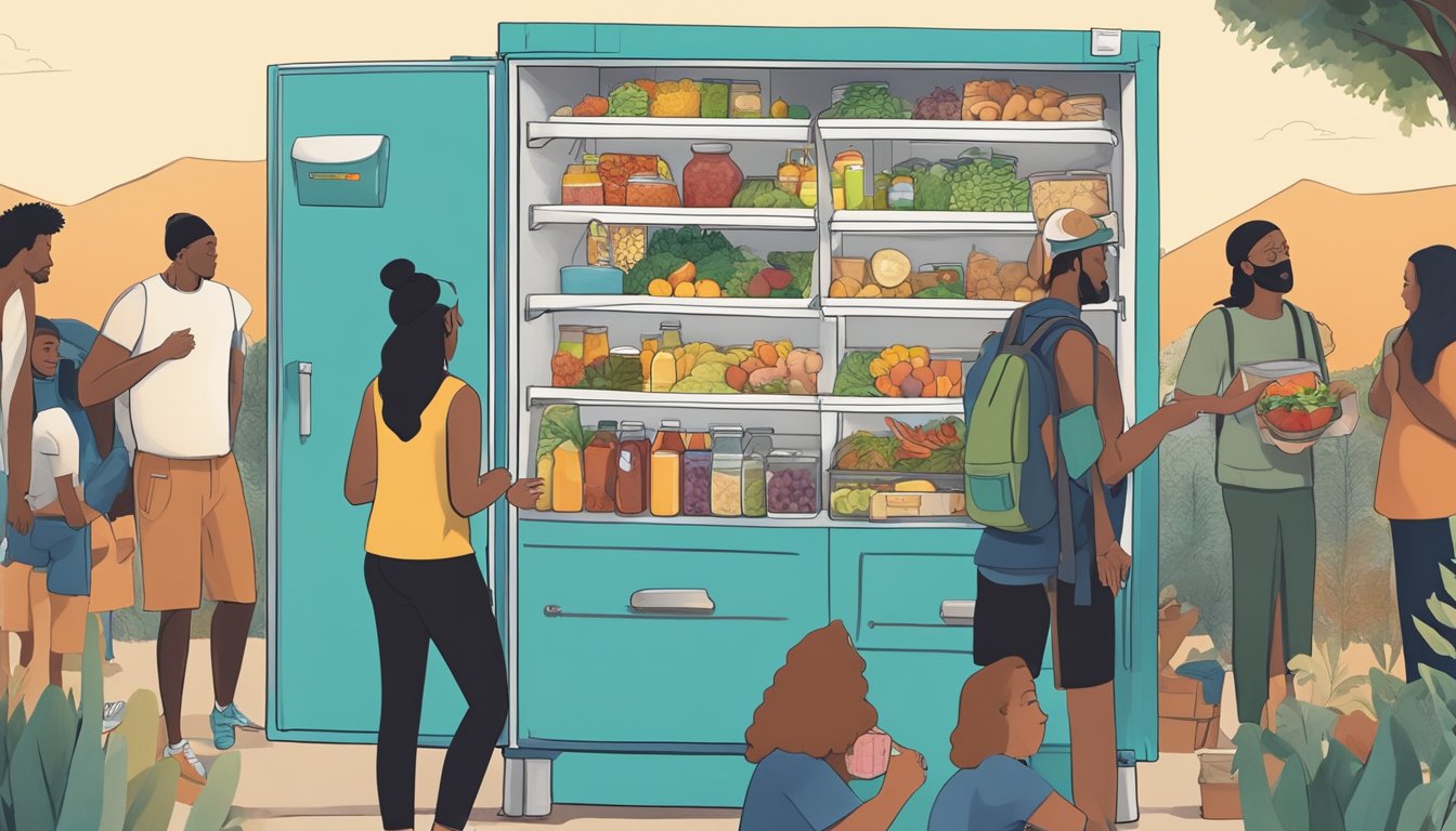 An outdoor community fridge in El Cajon, CA, filled with various food items and surrounded by a diverse group of people accessing and contributing to it