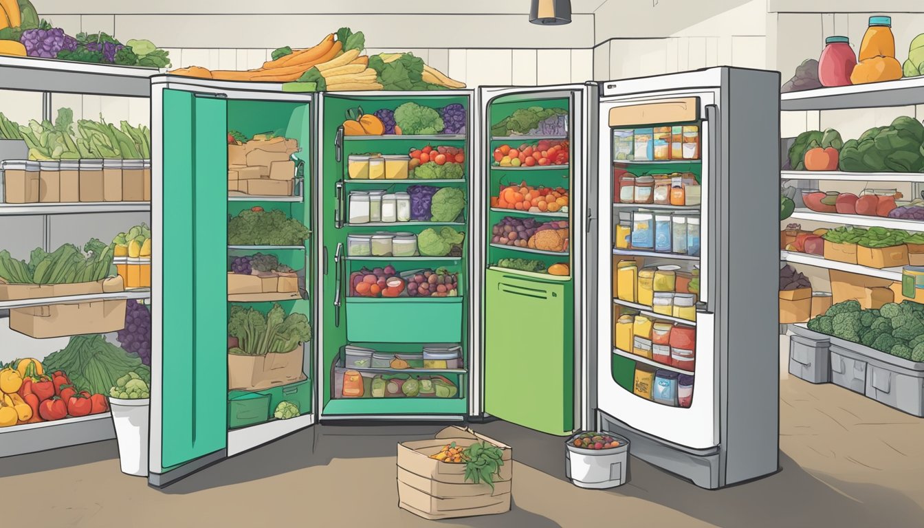 A bustling community fridge in El Cajon, CA, filled with fresh produce and canned goods, surrounded by a diverse group of people accessing its contents