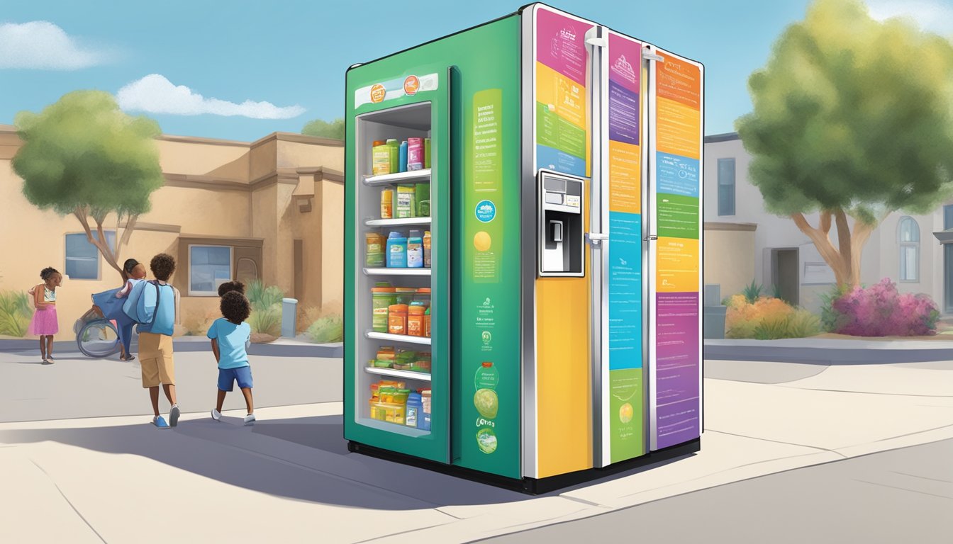 A colorful local community fridge surrounded by educational resources and outreach program materials in Menifee, CA