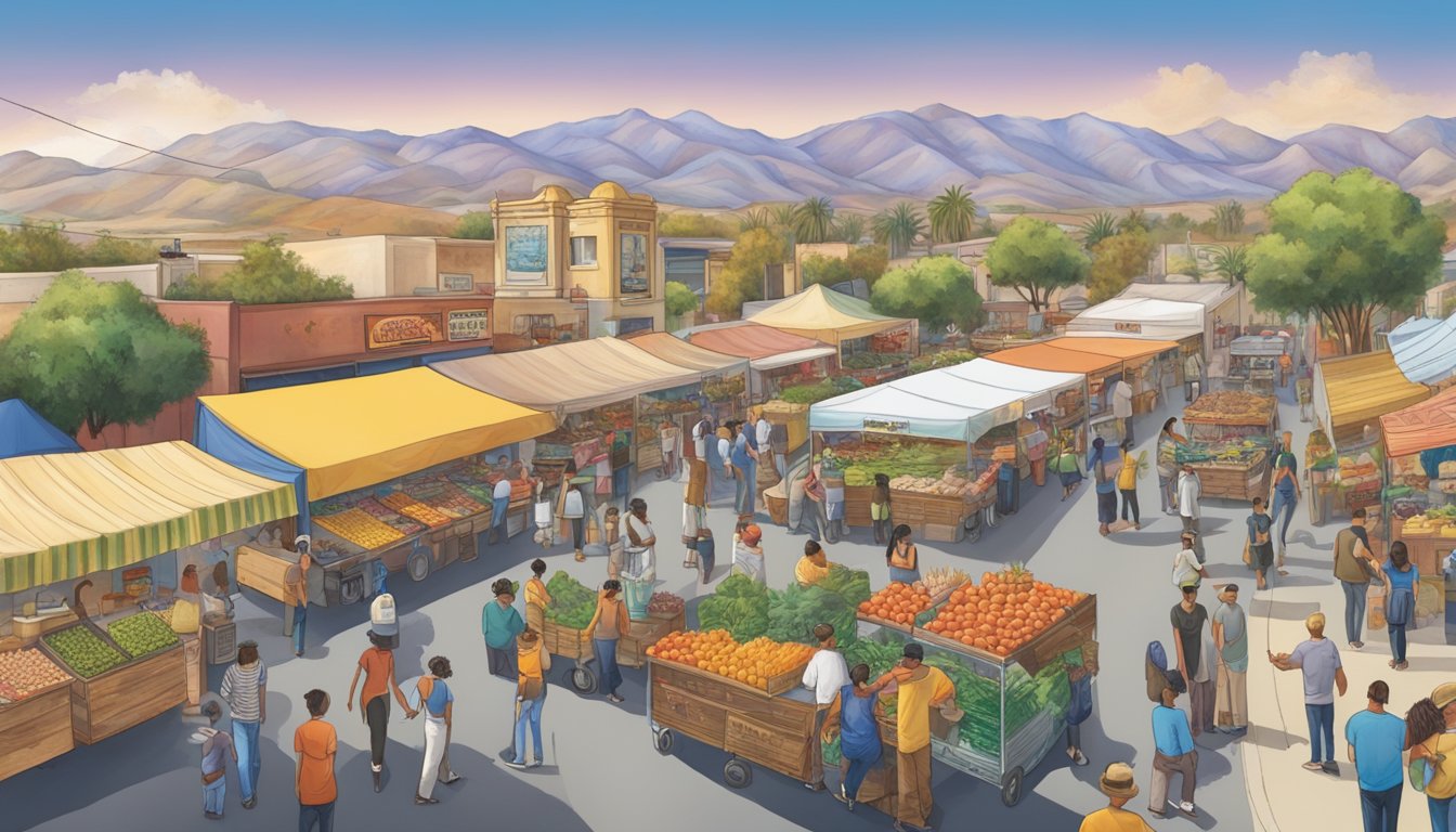 A bustling street market with diverse food vendors and a colorful mural depicting the rich history and culture of Jurupa Valley, CA