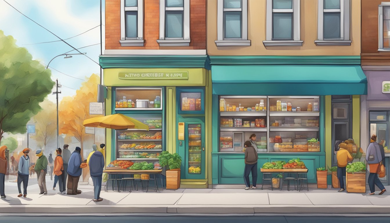 A bustling street corner with small businesses and a colorful public space, featuring a community fridge filled with food for those in need