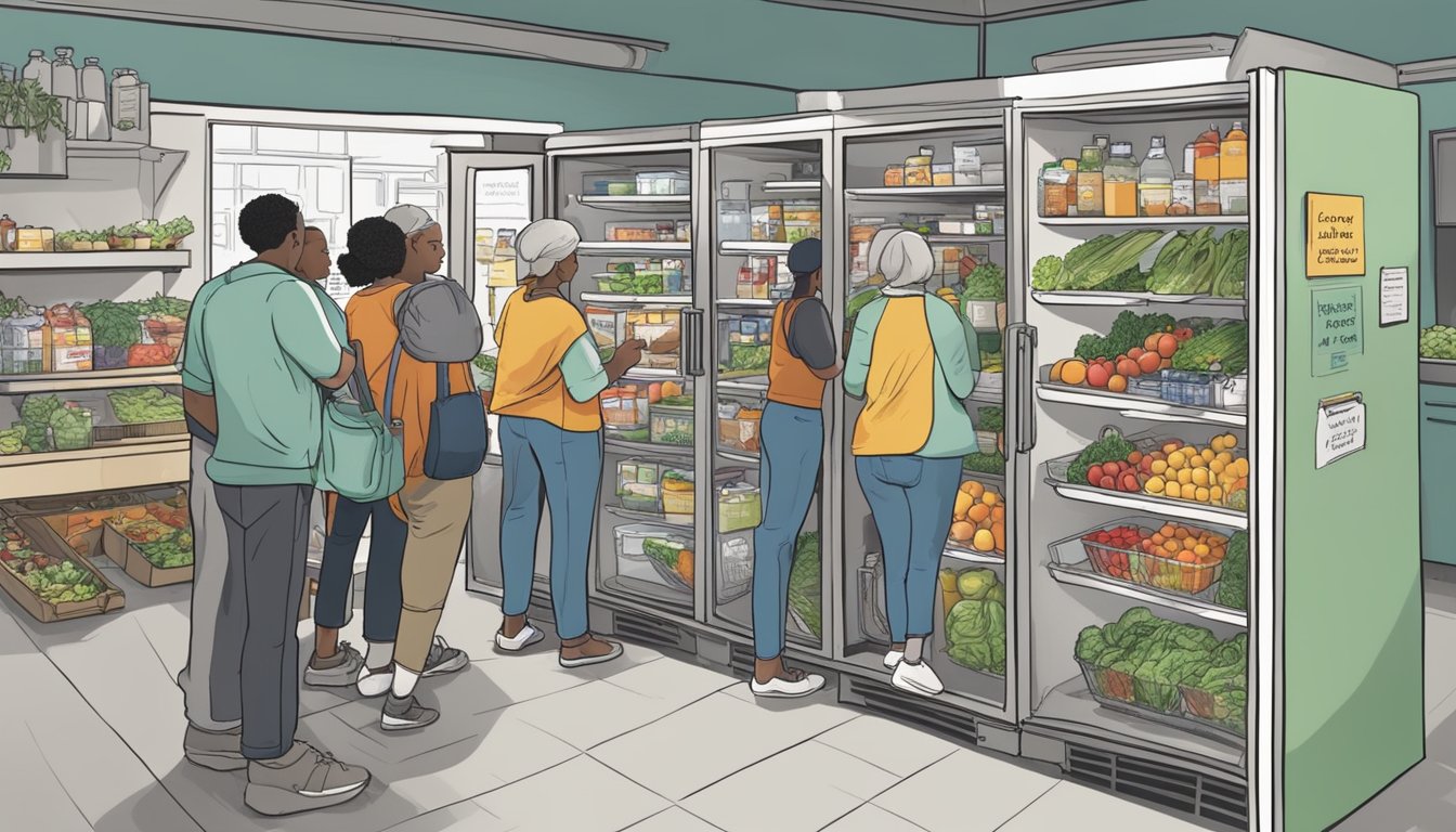 A bustling local community fridge surrounded by volunteers and donors, filled with fresh produce and essential items. Nearby, a group discusses future goals for ongoing support