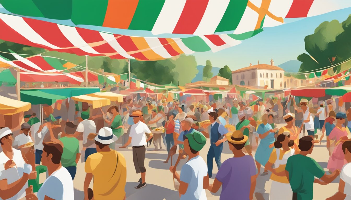 A lively festival scene with Italian flags, food vendors, live music, and people enjoying traditional dances and cultural displays