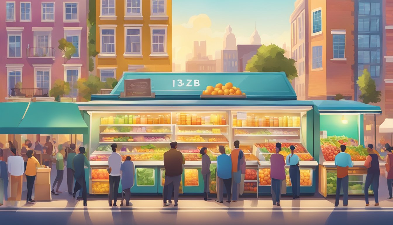 A bright, colorful community fridge stands against a backdrop of a bustling local market, surrounded by diverse buildings and people