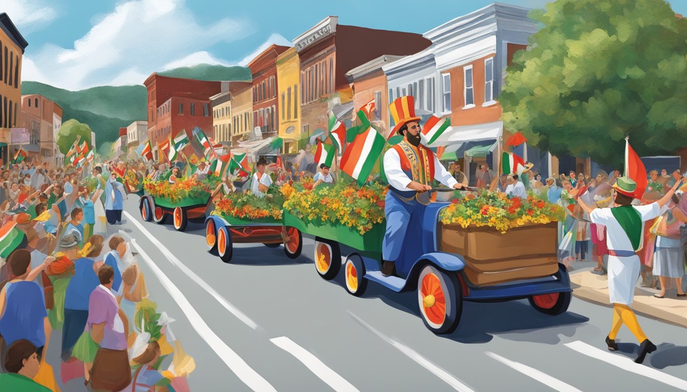 A lively parade of Italian heritage floats and performers fills the streets of Clarksburg, WV during the annual festival