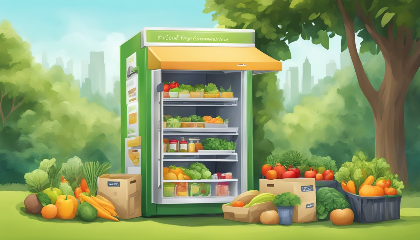 A local community fridge nestled in a vibrant park setting, surrounded by lush greenery and filled with fresh produce and food donations