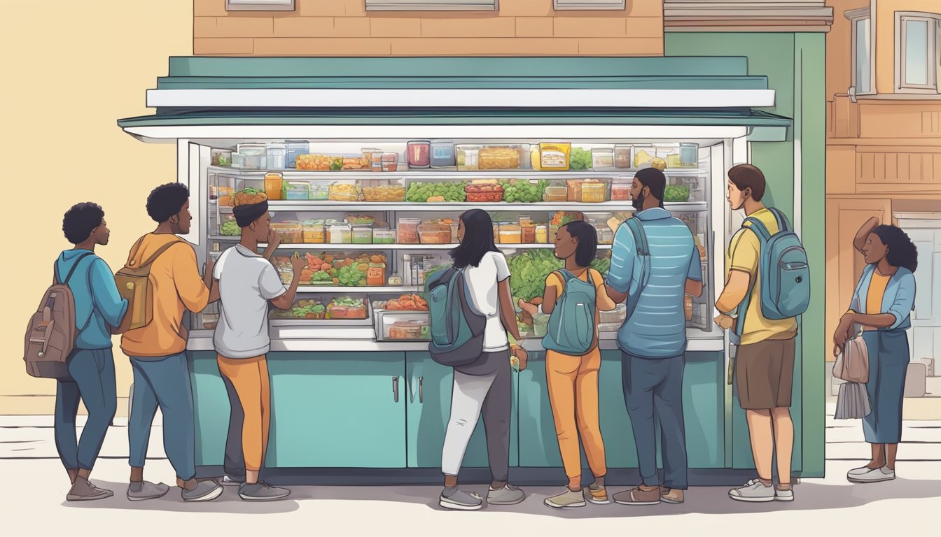 A bustling local community fridge surrounded by diverse businesses and individuals, with people contributing and taking food