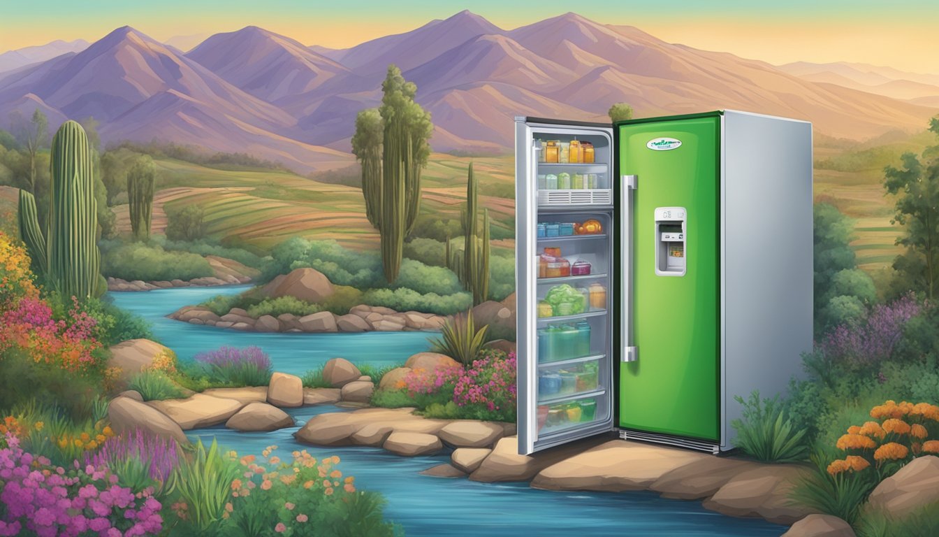 A colorful community fridge nestled among lush greenery in Jurupa Valley, CA, surrounded by mountains and flowing rivers