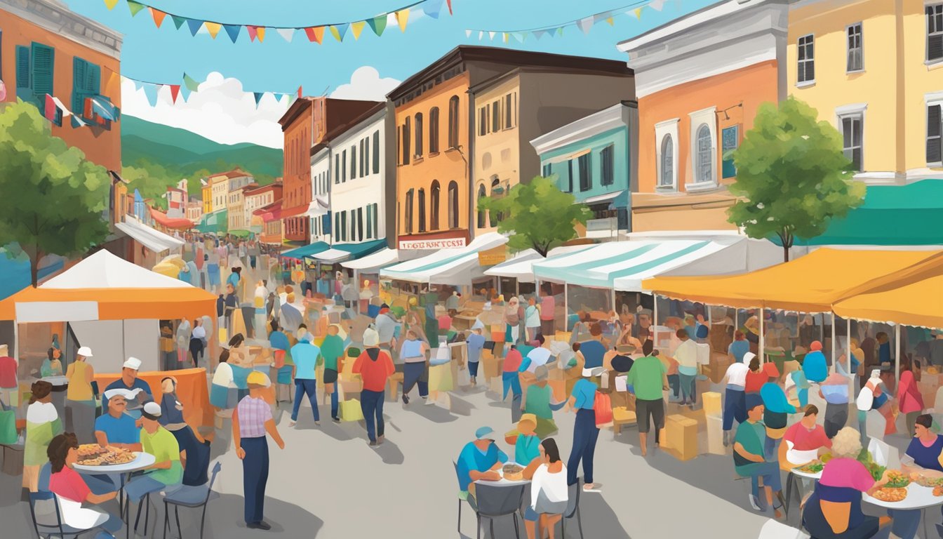 A bustling Italian heritage festival in Clarksburg, WV with food vendors, live music, and colorful decorations