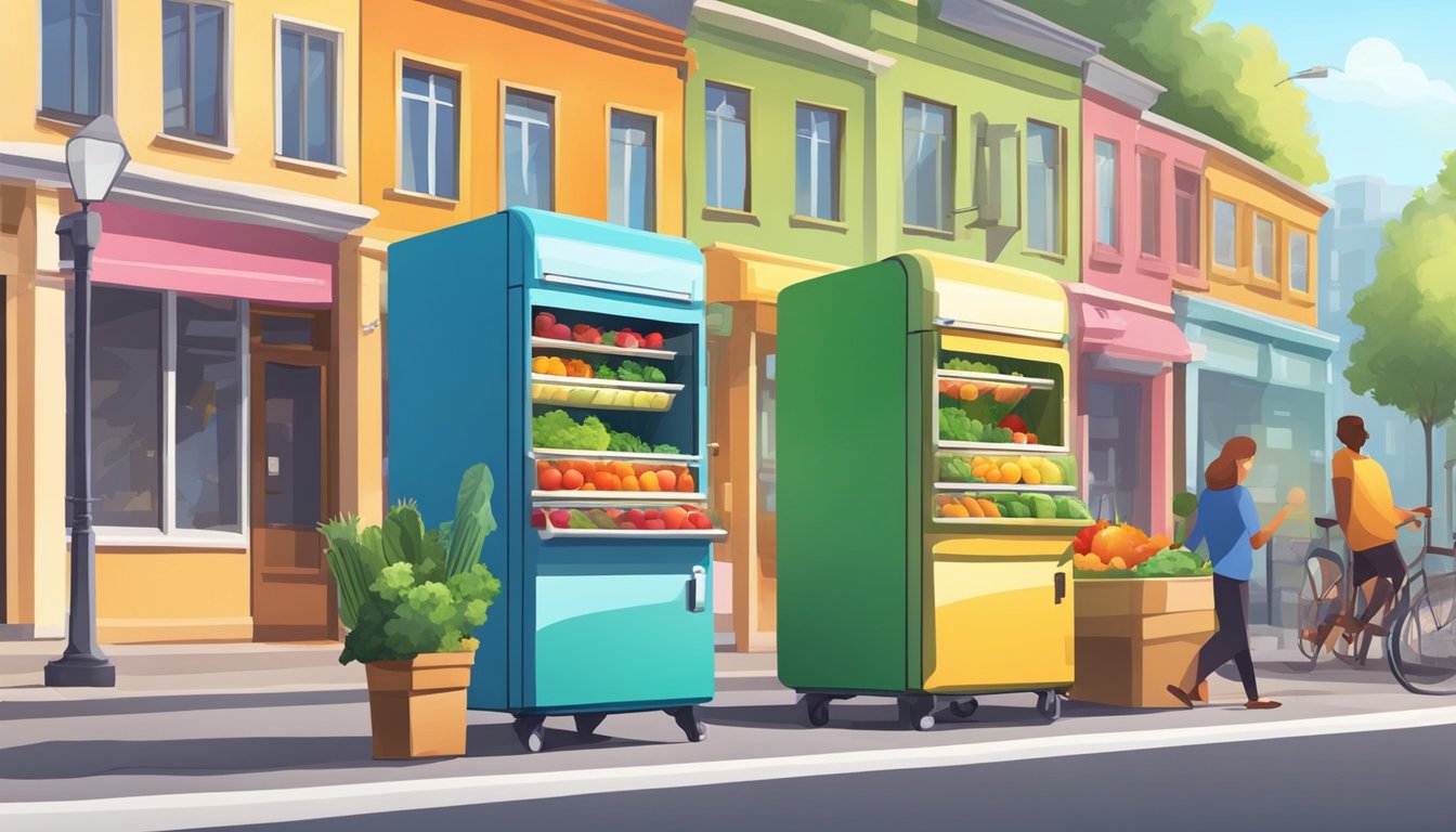 A colorful community fridge stands on a sunny street, filled with fresh produce and packaged goods. People come and go, respecting the honor system