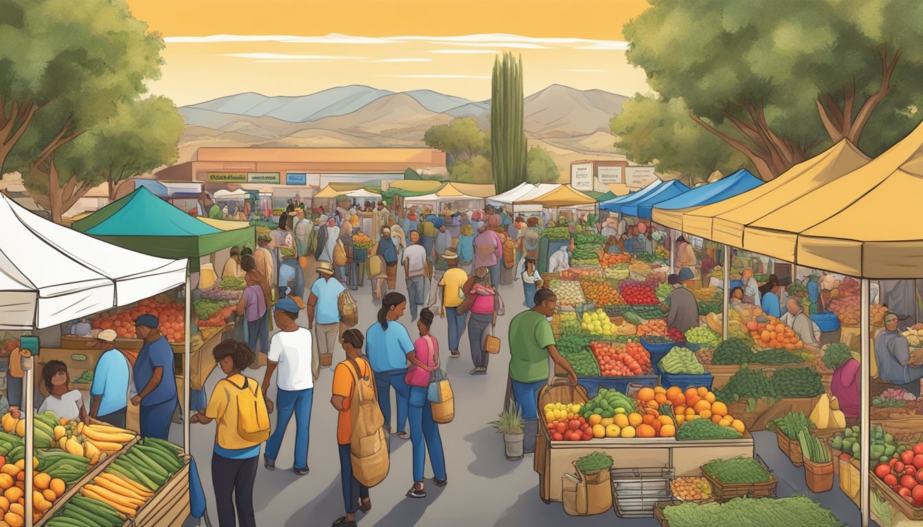 A bustling farmers' market in Jurupa Valley, CA, with colorful produce and local goods on display, showcasing the vibrant local economy and agricultural community