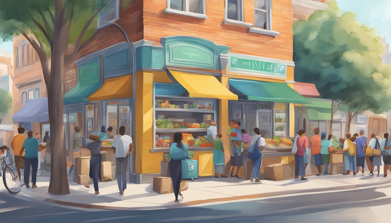 A bustling street corner with a colorful community fridge surrounded by diverse locals donating and taking food