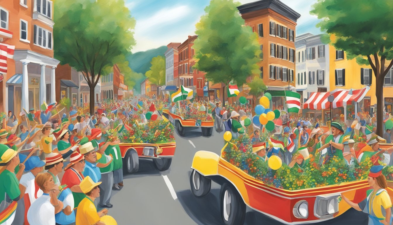 A lively parade winds through the streets of Clarksburg, WV, as colorful floats and marching bands celebrate the Italian Heritage Festival