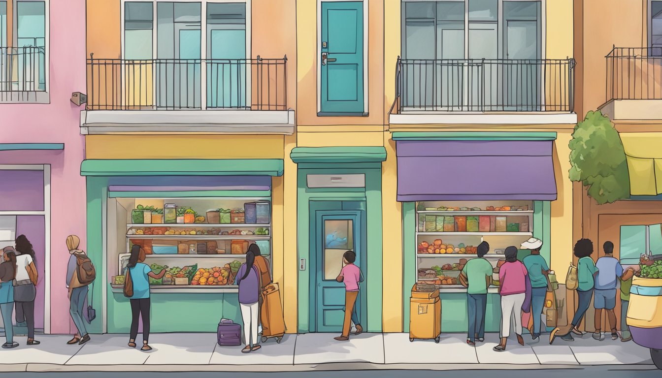 A bustling street corner in Murrieta, CA, with a colorful community fridge surrounded by people donating and taking food