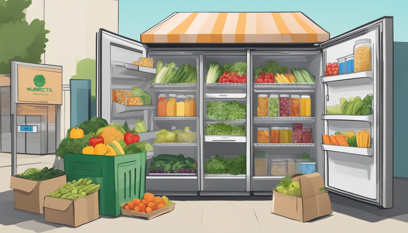 A community fridge filled with fresh produce, canned goods, and packaged foods, with a sign displaying donation guidelines for the local Murrieta, CA neighborhood