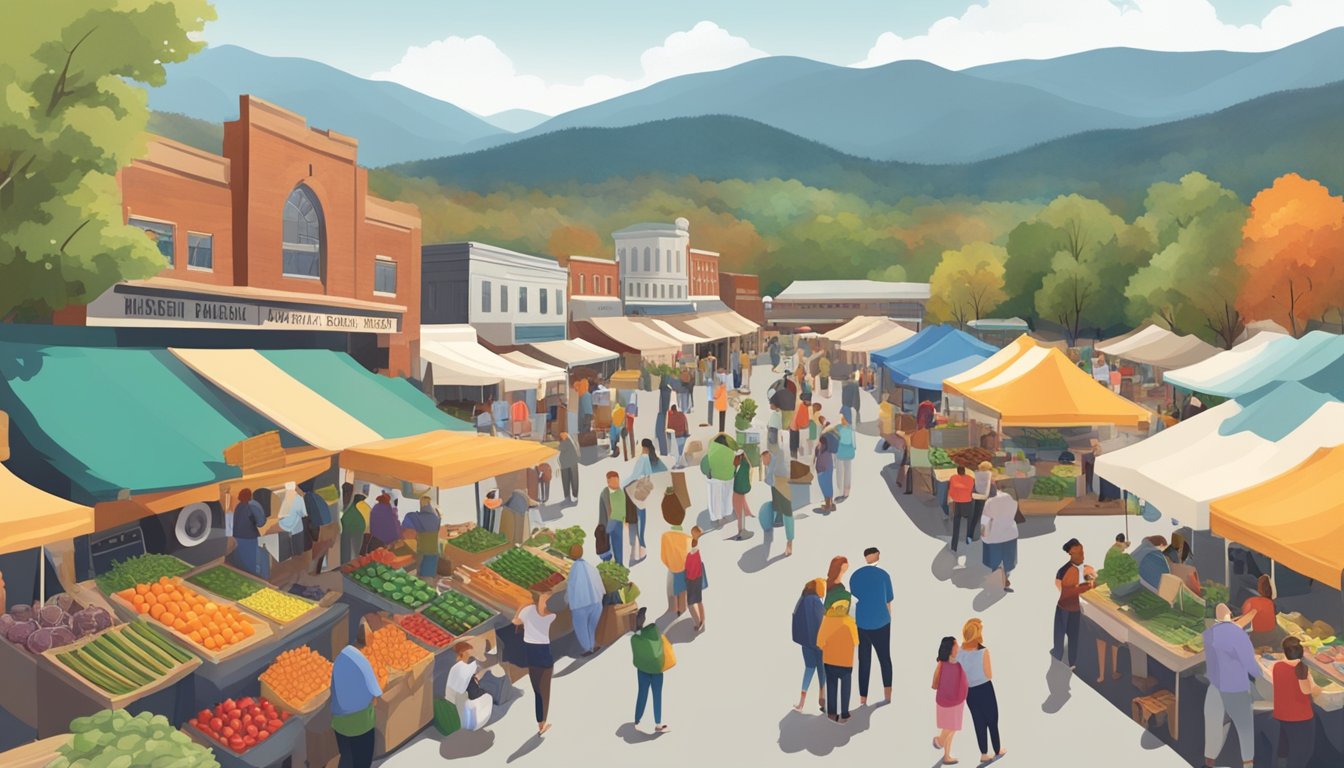 A bustling farmers market with colorful produce stalls, food trucks, and live music, surrounded by the backdrop of the Asheville mountains