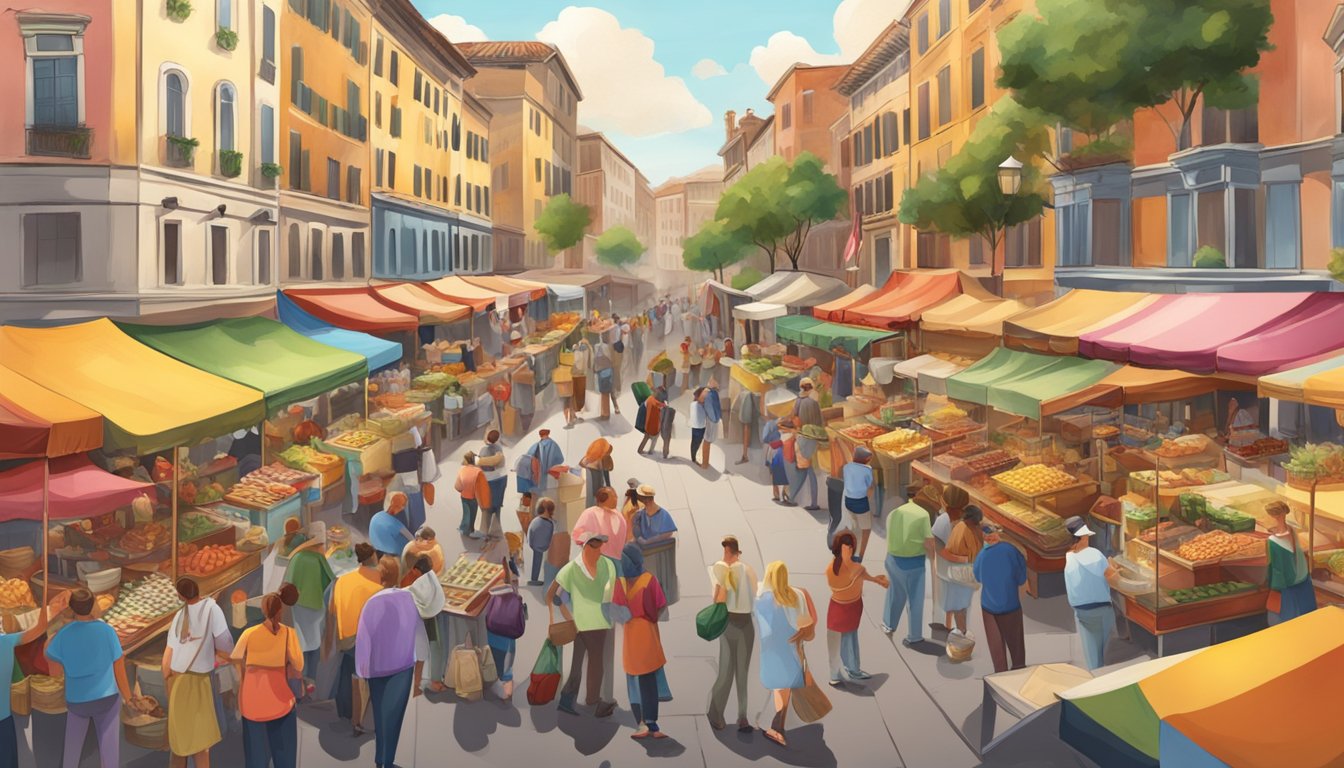 A bustling street fair with colorful vendor booths, lively music, and delicious Italian food