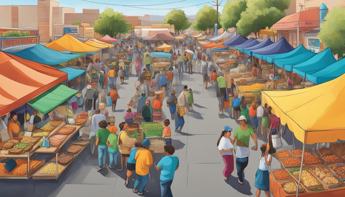 A bustling street filled with food vendors and colorful tents, showcasing the diverse culinary delights of Albuquerque's festivals and culinary events