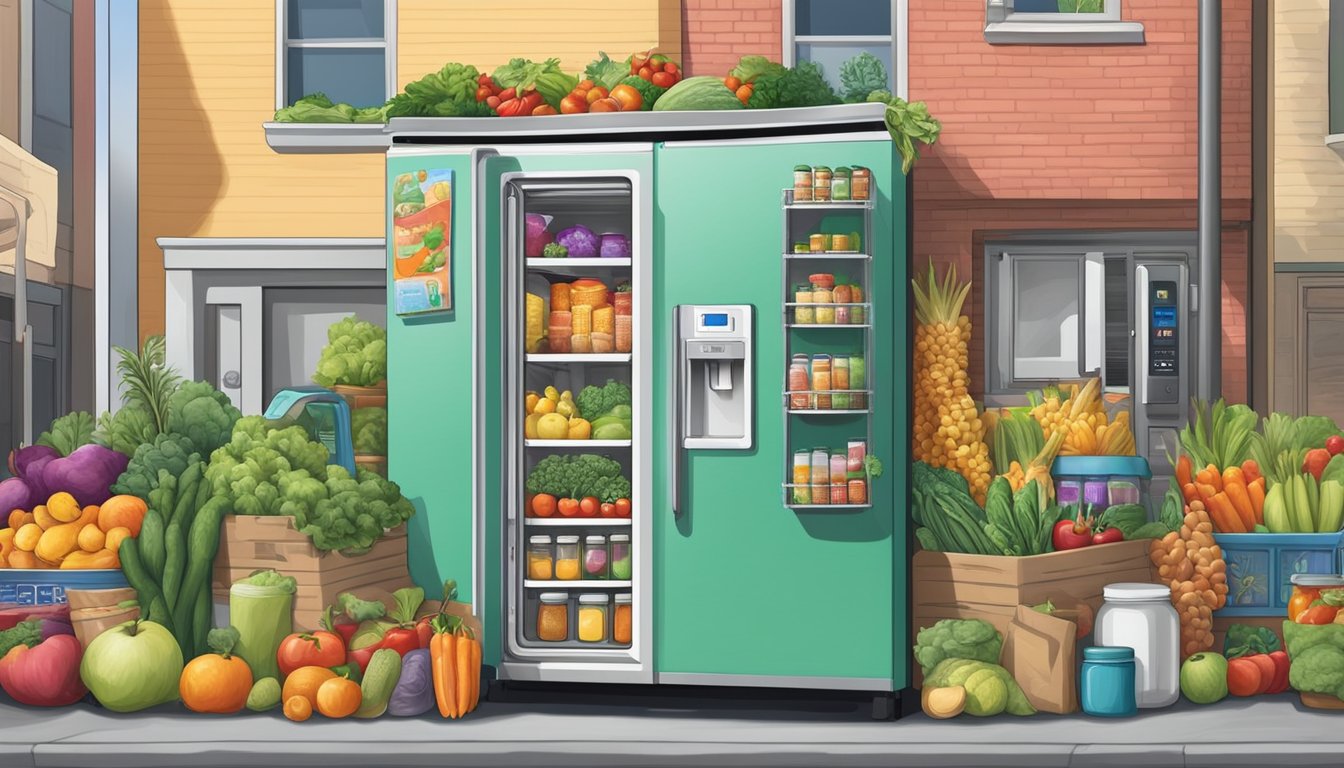 A colorful community fridge nestled in a bustling neighborhood, adorned with vibrant murals and filled with an array of fresh produce and pantry items