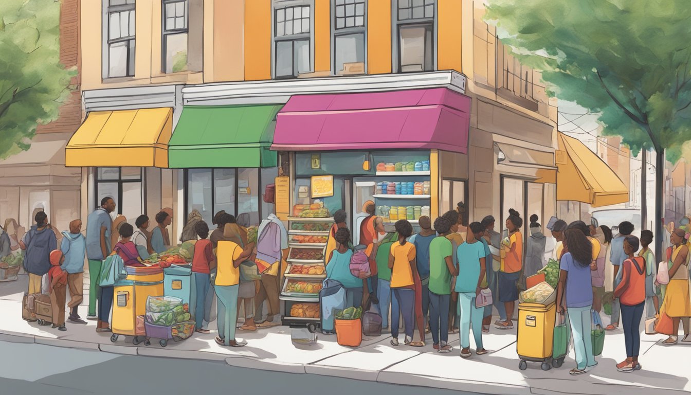 A bustling sidewalk with a brightly painted fridge surrounded by diverse community members donating and taking food